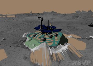 This image shows a screenshot from the software used by engineers to drive NASA's Mars Exploration Rover Spirit. The software simulates the rover's movements across the martian terrain, helping to plot a safe course for the rover.