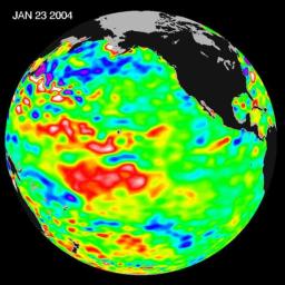 The image from NASA's Jason satellite show that the equatorial Pacific sea surface levels are higher, indicating warmer sea surface temperatures in the central and west Pacific Ocean on Jan. 23, 2004.