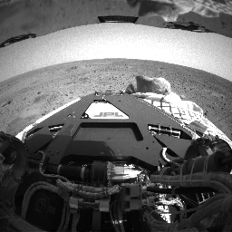 This still from an animation shows the view from the rear hazard avoidance cameras on NASA's Mars Exploration Rover Spirit as the rover turned 95 degrees clockwise. 