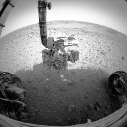 This image taken by the front hazard-identification camera onboard NASA's Mars Exploration Rover Spirit, shows the rover's robotic arm, or instrument deployment device.