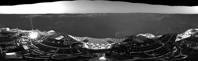 This 360-degree panorama from NASA's Mars Exploration Rover Opportunity shows the rover shortly after it touched down at Meridiani Planum, Mars. 