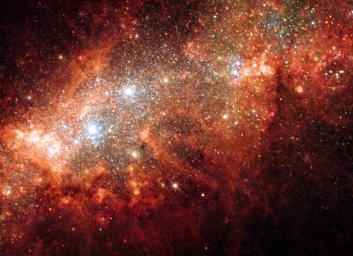 The nearby dwarf galaxy NGC 1569 is a hotbed of vigorous star birth activity, which blows huge bubbles that riddle the galaxy's main body. The image was taken by the WPF2 camera, designed and built by JPL, on NASA's Hubble.