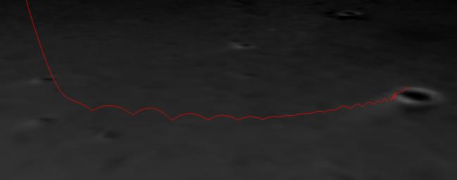 In this close-up view of the path NASA's Mars Exploration Rover Opportunity took when it landed at Meridiani Planum, Mars, a computer-generated red line shows the spacecraft's bounce motions as it landed at Meridiani Planum, Mars.
