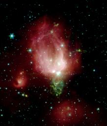 A cluster of newborn stars herald their birth in this interstellar Valentine's Day commemorative picture obtained with NASA's Spitzer Space Telescope. These bright young stars are found in a rosebud-shaped (and rose-colored) nebulosity known as NGC 7129.