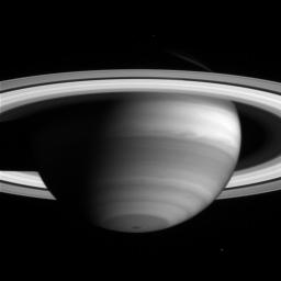 The high clouds of Saturn's bright equatorial band appear to stretch like cotton candy in this image taken by NASA's Cassini narrow angle camera on May 11, 2004.