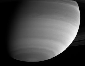 With ultraviolet eyes, NASA's Cassini spacecraft gazes at cloud bands and wavy structures in Saturn's southern hemisphere.
