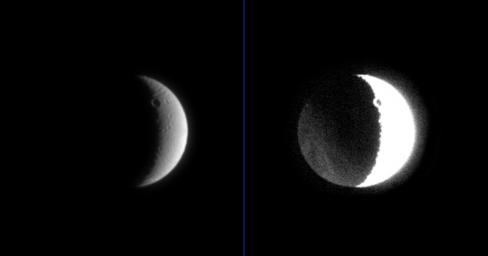 The icy, cratered surface of Saturn's moon Dione shows more than just its sunlit side in these two processed versions of the same image. The image was taken with NASA's Cassini spacecraft narrow angle camera on July 2, 2004.