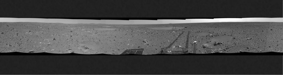 NASA's Mars Exploration Rover Spirit shows 'Laguna Hollow,' the shallow depression where Spirit dug a trench in 2004. Spirit stayed in this location for 3 sols, investigating the fine-grained soil and the trench it dug with one of its wheels.