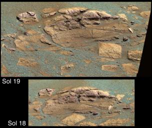 NASA's Mars Exploration Rover Opportunity shows the 'El Capitan' region of the rock outcrop at Meridiani Planum, Mars. On the bottom is the view obtained from the 'Alpha' waypoint station.