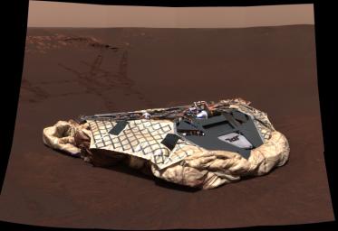 NASA's Mars Exploration Rover Opportunity shows the rover's now-empty lander, the Challenger Memorial Station, at Meridiani Planum, Mars.