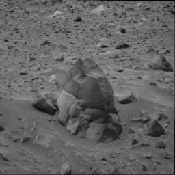 This image of a rock called 'Humphrey' was taken by the NASA's Mars Exploration Rover Spirit on Mars. Likely a basaltic rock, the fractures are thought to have been caused by the impact as it was hurled from the crater to its current resting place. 
