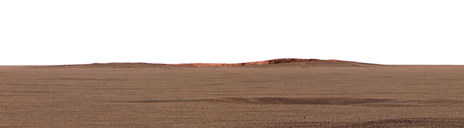 NASA's Mars Exploration Rover Opportunity shows the eastern plains that stretch beyond the small crater where the rover landed. In the distance, the rim of a larger crater dubbed 'Endurance' can be seen.
