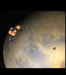 This artist's concept of the proposed NASA Mars Sample Return mission shows the orbiter and lander, just after the orbiter would release the lander to descend through the martian atmosphere.
