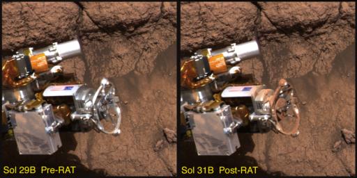 NASA's Mars Exploration Rover Opportunity shows the rover's rock abrasion tool before and after it ground into a rock at Meridiani Planum, Mars. The red dust coating on the instrument is thought to be a form of the mineral hematite. 