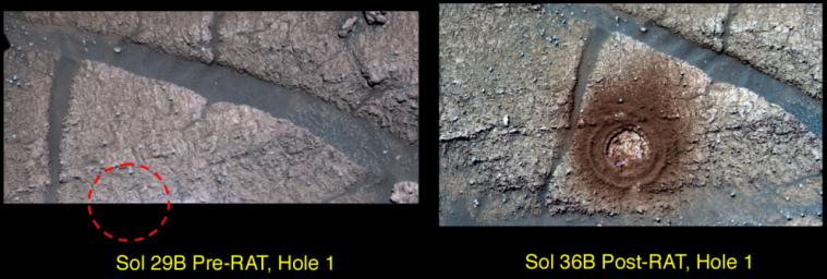 NASA's Mars Exploration Rover Opportunity shows the results of grinding of its first target with the rock abrasion tool. The grinding process at 'McKittrick' generated a significant amount of fine-grained, reddish dust. 