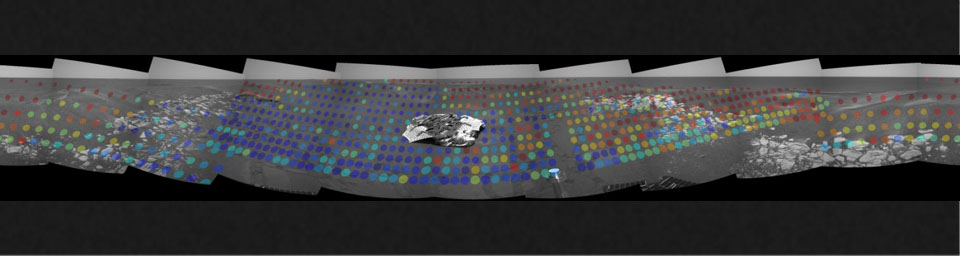 These maps from NASA's Mars Exploration Rover Opportunity's panoramic camera mast assembly, show the hematite abundance as detected by the instrument from inside the crater at Opportunity's landing site.
