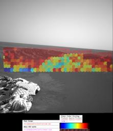 This image shows the hematite abundance map for a portion of the Meridiani Planum rock outcrop called 'Echo' near where NASA's Mars Exploration Rover Opportunity landed. Portions of the inner crater wall in this region appear rich in hematite (red). 