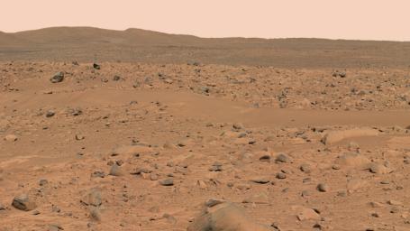 This image, taken by NASA's Mars Exploration Rover Spirit panoramic camera, shows the rover's destination toward the hills nicknamed the 'Columbia Hills.'