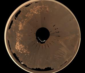 This image shows an overhead view of NASA's Mars Exploration Rover Opportunity landing site at Meridiani Planum, nicknamed 'EagleCrater.' Light and dark soil targets and an airbag bounce are seen at this spot dubbed 'Neopolitan.'