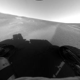This image from NASA's Mars Exploration Rover Opportunity's front hazard-avoidance camera shows the rover at its Sol 53 (March 17, 2004) location within the 'Eagle Crater' landing site. 