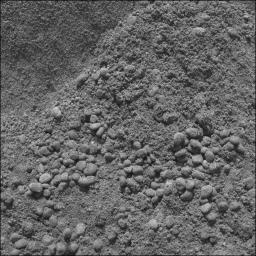 NASA's Mars Exploration Rover Spirit took this microscopic image of the drift dubbed 'Serpent' on Mars after successfully digging into the side of the drift. The drift is dominated by larger pea-shaped particles.