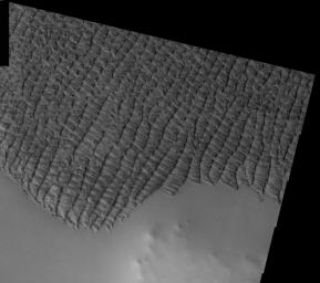 This image, part of an images as art series from NASA's 2001 Mars Odyssey released on March 1, 2004 shows squiggly lines of sand dunes on Mars.