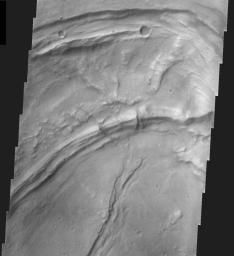 This image, part of an images as art series from NASA's 2001 Mars Odyssey released on March 3, 2004 shows a martian landscape resembling a toucan's beak.