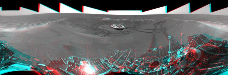 This is the 3-D version of NASA's Mars Exploration Rover Opportunity's view on its 56th sol on Mars, before it left 'Eagle Crater.' 3D glasses are necessary to view this image.