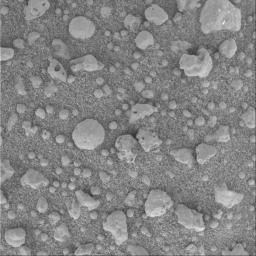 This image from NASA's Mars Exploration Rover Opportunity's 'Eagle Crater' soil survey displays a mixture of light and dark soil units with several different types of clasts, or particles, held in surrounding fine-grained sands.