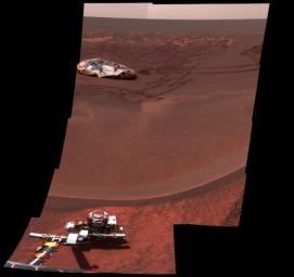 This image from the Mars Exploration Rover Opportunity's shows one octant of a larger panoramic image of 'Lion King' facing directly into the crater and showing small features in the field near the rover arm, to features larger on the horizon.