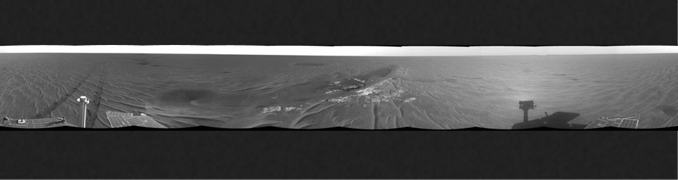 This 360-degree image mosaic was constructed from a sequence of images taken by NASA's Mars Exploration Rover Opportunity showing its position along the edge of the large trough dubbed 'Anatolia.'