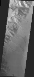 This image from NASA's 2001 Mars Odyssey released on April 14, 2004 shows the surface of Mars during the southern summer season in Orson Welles Crater.