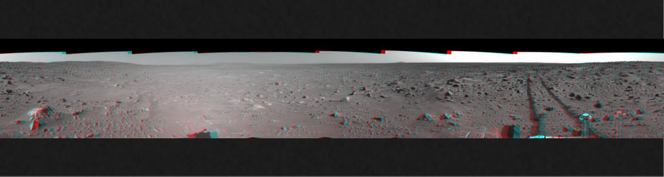 This 3-D cylindrical-perspective mosaic was created from navigation camera images that NASA's Mars Exploration Rover Spirit captured on on sol 93. 3D glasses are necessary to view this image.