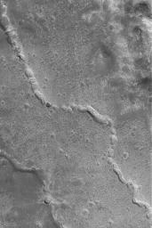 NASA's Mars Global Surveyor shows evidence of a collapsed lava tube (or other form of subterranean channel) on the plains northwest of the Elysium volcanoes on Mars.