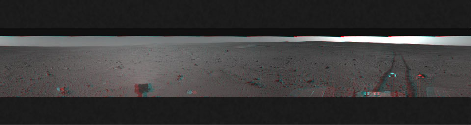 This 3-D cylindrical-perspective mosaic was created from navigation camera images that NASA's Mars Exploration Rover Spirit captured on on sol 110. 3D glasses are necessary to view this image.
