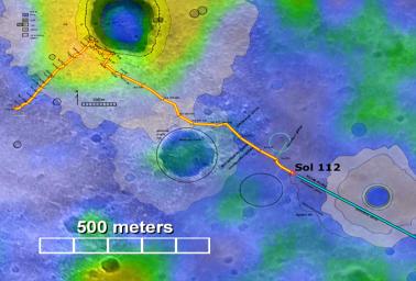 This map highlights the path that NASA's Mars Exploration Rover Spirit had traveled on April 28, 2004 toward the 'Columbia Hills.'
