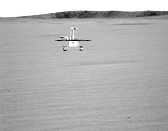 Animation software used by engineers for planning rover drives portrays the location of NASA's Mars Exploration Rover Opportunity on April 26, 2004, at the successful completion of 90 sols of operating on Mars.