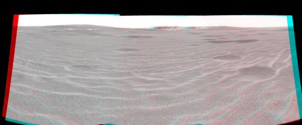 This 3-D cylindrical projection was taken by NASA's Mars Exploration Rover Opportunity on April 28, 2004. On that sol, Opportunity sat on the rippled dunes a ways from the rim of 'Endurance Crater.'