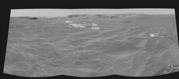 This image from NASA's Mars Rover Opportunity shows the rover's view of Meridiani Planum as it headed to Endurance Crater on Mars.