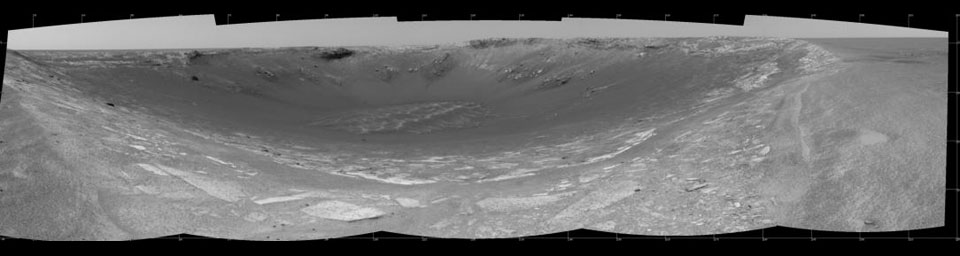 This 180-degree view from the navigation camera on NASA's Mars Exploration Rover Opportunity was its first look inside 'Endurance Crater.'