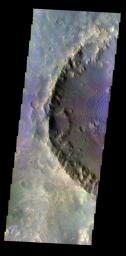 This color image from NASA's 2001 Mars Odyssey released on May 4, 2004 shows the martian surface during the southern summer season of a crater within Molesworth Crater.
