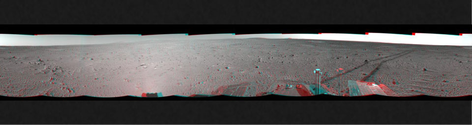This 3-D cylindrical-perspective mosaic was created from navigation camera images that NASA's Mars Exploration Rover Spirit captured on on sol 121. 3D glasses are necessary to view this image.
