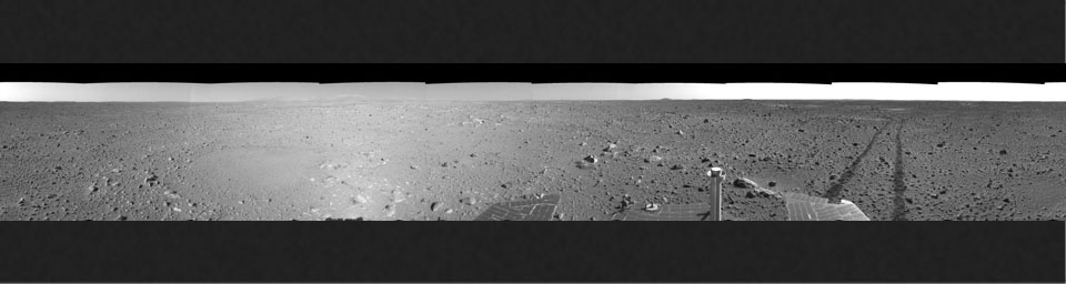 This right-eye mosaic was created from images that NASA's Mars Exploration Rover Spirit acquired May 8, 2004.The rover was on its way to the 'Columbia Hills,' which can be seen on the horizon.