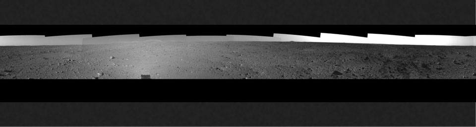 This left-eye mosaic was created from images that NASA's Mars Exploration Rover Spirit acquired May 8, 2004.The rover was on its way to the 'Columbia Hills,' which can be seen on the horizon.