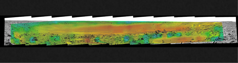 Temperature information from the miniature thermal emission spectrometer on NASA's Mars Exploration Rover Spirit is overlaid onto a view of the site from Spirit's panoramic camera indicating rates of change in surface temperatures during a martian day.