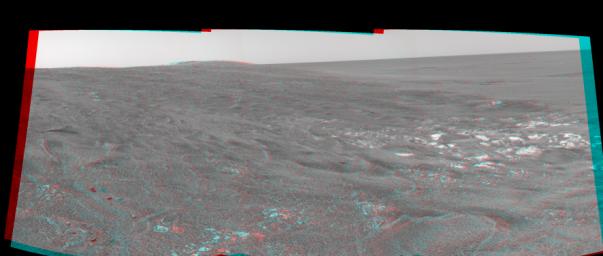 This 3-D cylindrical-perspective mosaic was created from navigation camera images that NASA's Mars Exploration Rover Spirit captured on on sol 109. 3D glasses are necessary to view this image.
