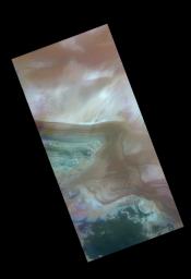 This color image from NASA's 2001 Mars Odyssey released on May 13, 2004 shows the martian landscape during the norther summer season near the south polar cap edge.
