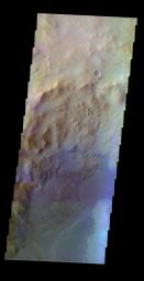 This false-color image released on May 17, 2004 from NASA's 2001 Mars Odyssey of a crater near Nili Fossae on Mars was acquired July 31, 2002, during northern spring.