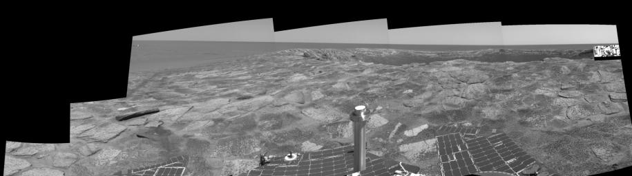 This image shows NASA's Mars Exploration Rover Opportunity in the Meridiani Planum region of Mars, on May 21, 2004. The rover was near the edge of 'Endurance Crater.'