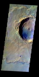 This false-color image released on May 20, 2004 from NASA's 2001 Mars Odyssey of a rampart crater on Mars was acquired Dec. 6, 2002, during northern summer.